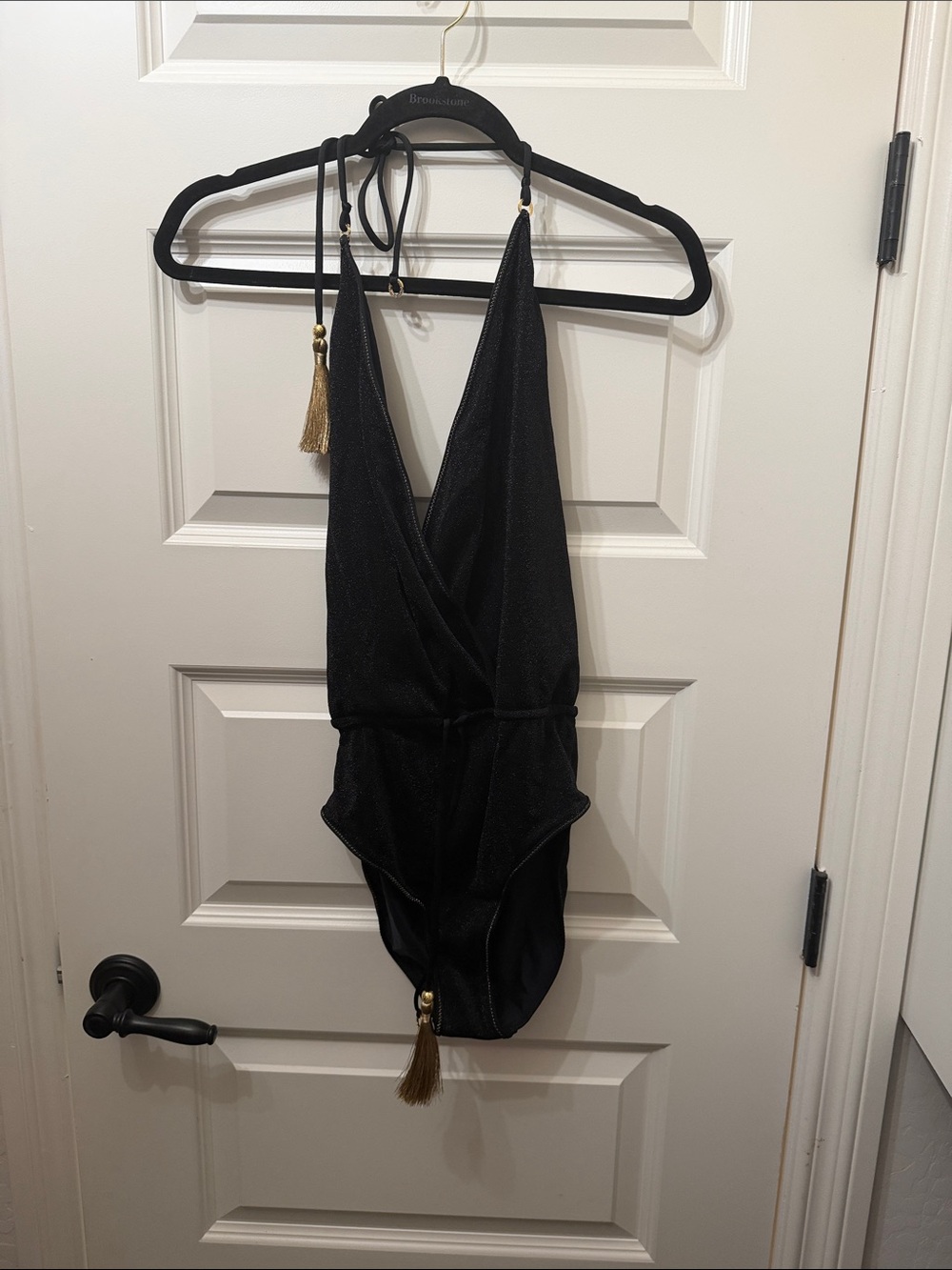 Black Halter One-Piece Swimsuit with Tassel Accents